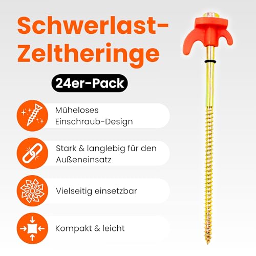 24 Stück Zeltheringe, Stahl Schraubheringe, Orangefarbene Camping Erdnägel mit Aufbewahrungsbox 20,5 cm lang Felsboden-Erdnägel für Outdoor, harten Boden und Holz