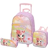Kit Mochila Escolar Infantil com Rodinhas de Unicórnio, Lancheira Térmica e Estojo