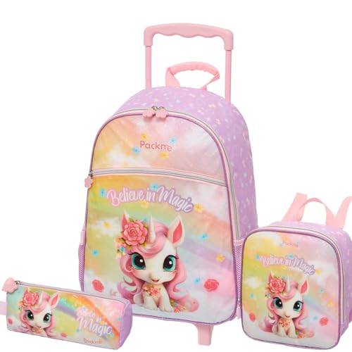 Kit Mochila Escolar Infantil com Rodinhas de Unicórnio, Lancheira Térmica e Estojo
