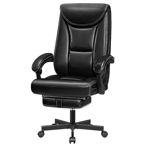 DoChair Chefsessel Breiter Bürostuhl aus Glänzendes PU-Leder ergonomischer Schreibtischstuhl mit Fußstütze hohe Rückenlehne Office Chair 150KG, Schwarz