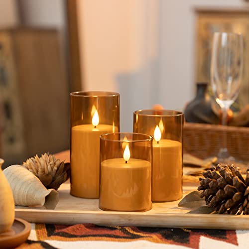 Iplacer Brown Flameless Pillar Candles Battery Operated With Remote Control And Timer, Perspex Led Flashing Electric Candles With 3D Flame Set Of Three (D:3"×H:4" 5" 6") #TOP2
