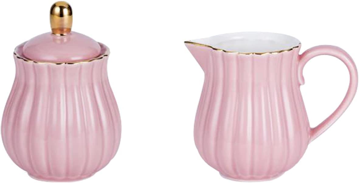 YBK Tech - Juego de jarra de leche y azucarero de porcelana para degustación de café, diseño de rayas (rosa)
