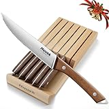 Huusk Steak Knives Set of 6 with Drawer Organizer-4.5 in Japanese Serrated Steak Knife Set with Block, Serrated & Straight Dual-Edge, Stainless Steel Steaks Knives with Holder, Christmas Gifts for Men