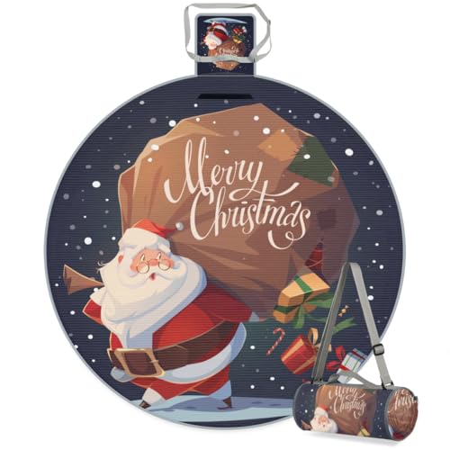 Shimoshe Snowflake Christmas Santa Carrying Picnic Outdoor Blanket Foldable Waterproof Sandproof Beach Blanket Portable Water-Resistant Round Picnic Mat for Travel Camping Park Lawn