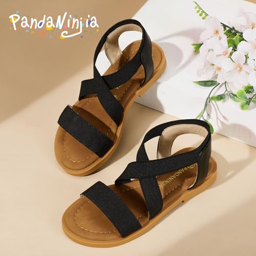 Image of PANDANINJIA Girls Sandals Slip-on Elastic Ankle Cross Strappy Gladiator Dress Sandals Flats Summer Shoes Little Big Kids Sandals