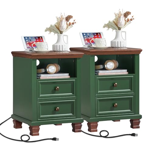 SAVOR LIFE Farmhouse Nightstand Set of 2 with Charging Station,