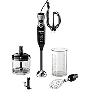 Bosch Stabmixer ErgoMixx MSM67170, Edelstahl-Mixfuß, Universalzerkleinerer, Mix- und Messbecher, Schneebesen, Ice-Crush-Klinge, leichtes Gehäuse, 12 Stufen plus Turbostufe, 750 W, schwarz/grau