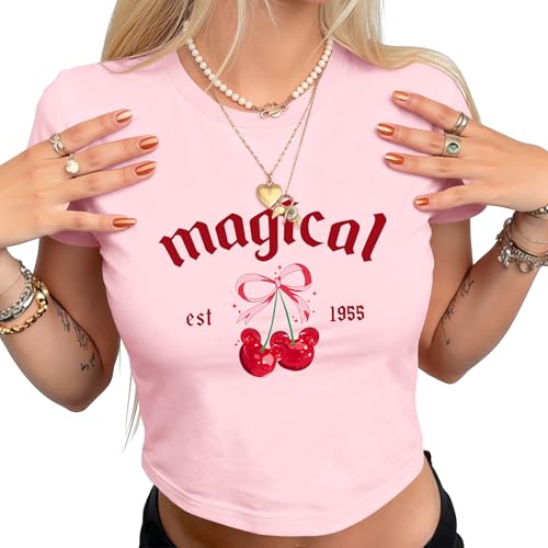 SWTJIC Baby Tees for Women Magical T-Shirt Cute Graphic Print Crewneck Clothing Funny Cherry Crop Tops Pink S