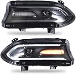VLAND Headlight Assembly Fits for Dodge Charger 2015-2020(Not for Xenon Models), LED Headlamp Projectors with Dual Beam Lens, Plug-and-play