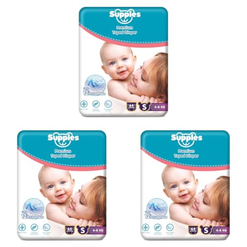 Image of Amazon Brand - Supples Premium Small Taped Diapers | Derma Tested, Extra Soft, High Absorbency with Wetness Indicator & Umbilical Cut Design, 12 Hrs Absorption | Small | 4-8 Kg | 64 Count (Pack of 3)