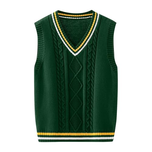 Boys Cable Knitted Sweater Vest Uniform V-Neck Unisex Sleeveless Crop Tank Tops for Teen Kids Pullover Knit Waistcoat