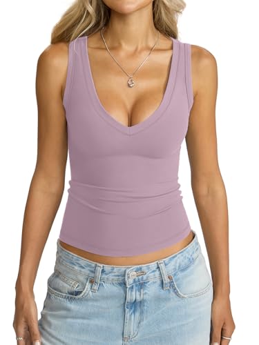 Image of Eachyes Womens V Neck Tank Tops Sleeveless Slim Fit Shirts Summer Going Out Fashion Outfit Clothes 2026