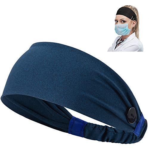 Headbands with Buttons Face mask for Doctor Nurse Protect Ears Elasticity Button Headbands non Slip Hair Bands for Yoga Sports Running (blue)