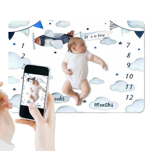 Image of Airplane Theme Baby Monthly Milestone Blanket for Boys, Soft Flannel Aircraft Pilot Cloud Stars Pattern Photography Prop Baby Shower Age Newborn Mom Gifts Nursery Decor (Blue, 60x40in)
