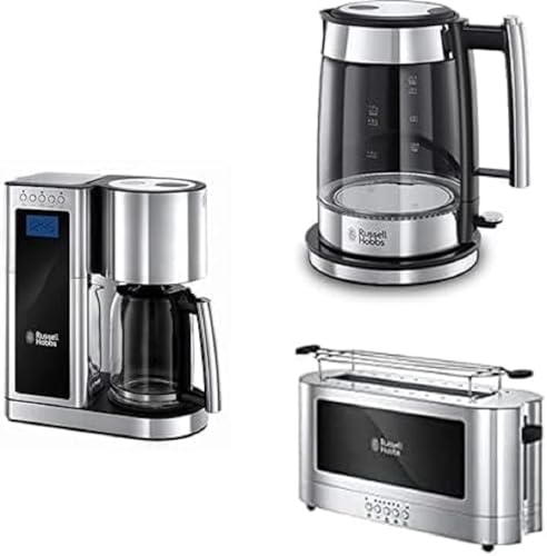Russell Hobbs Set Petit-déjeuner Cafetière (1,25 L et 1600 W ) + Bouilloire (en verre de 1,7 L et 2400 W) + Grille pain (Fentes extra larges) Elegance