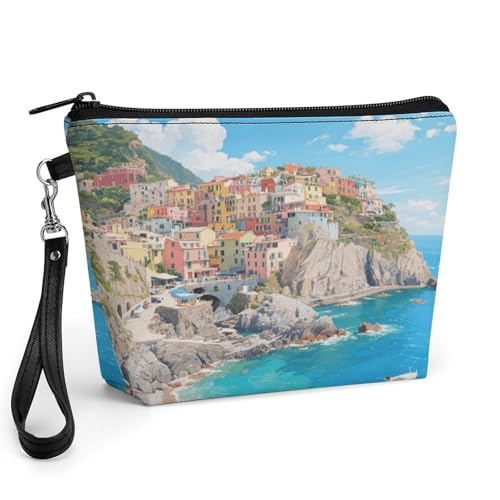 Bolsa de maquillaje Fishing Village en piel sintética con asa y cremallera (8.9x2.6x5.7")