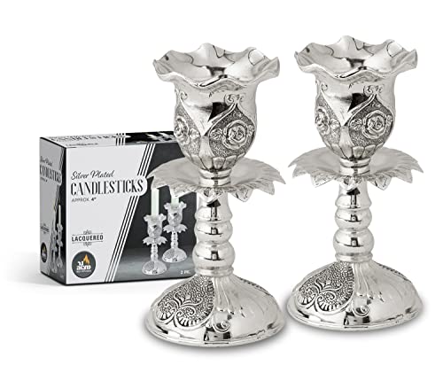 Silver Plated Candlesticks - 2 Pack Set - Pair Of 4 Inch Ornate Candle Holders With Round Base And Floral Design - By Ner Mitzvah #TOP1