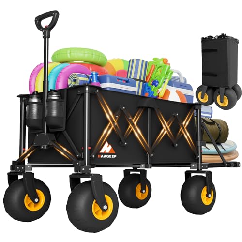 Heavy Duty Beach Wagon with Big Wheels for Sand, 10' Wheel Collapsible Wagons Foldable Large Wagon Cart Folding All Terrain for Camping