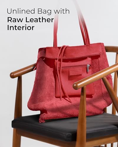 Image of Genuine Italian Leather Tote Bag for Women, Large Slouchy Purse, Red | Unstructured bag, raw unlined interior with zip pocket, top zipper, side ties, folds flat, fits a 16-inch laptop, lightweight