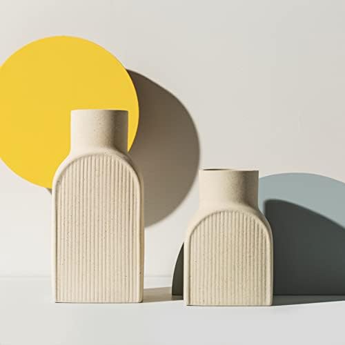 Home Habitat Nordic Vases - 2 Piece Set, Small and Large Ribbed Vase, Bottle Flower Planter Set. Ceramic Vases for Home Decor. Neutral Home Decor, Coastal Decor for Home, Centerpiece for Table