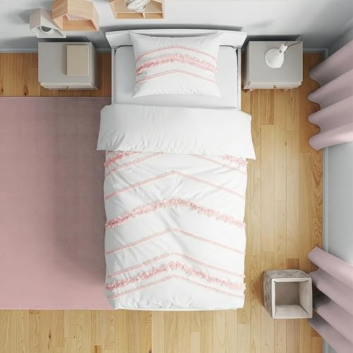 Image of Sweet Jojo Designs 5-Piece Toddler Bedding Set (Pink Cotton Boho Bohemian) for Girls, Kids incl. Bed in a Bag Comforter, Blanket, Pillowcase, Sham & Sheets (Blush, Farmhouse Shabby Chic, Macrame Tuft)