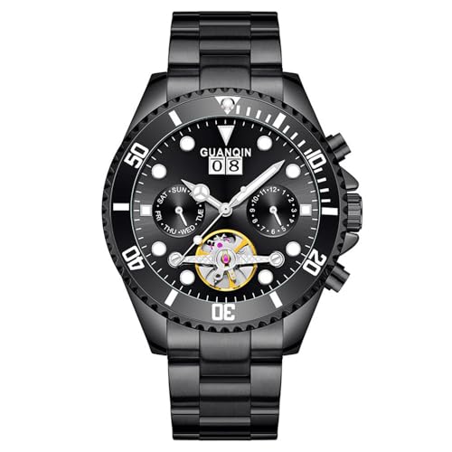 Guanqin Orologio da polso da uomo con quadrante multifunzione automatico a carica automatica e meccanico, con vetro zaffiro, doppio lato, cavo impermeabile, orologio da polso in acciaio inossidabile