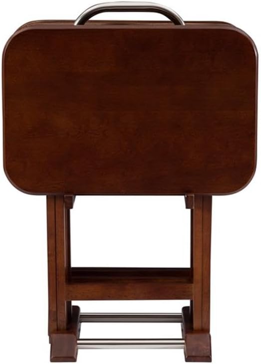 Pemberly Row Transitional Solid Wood Folding Tray Tables, Dark Cherry Finish, 5-Piece Set with Chrome Handle Stand, 15.72" w x 23.58" d x 26.38" h, Birch Veneer MDF Tops, Indoor Snack and Laptop Use