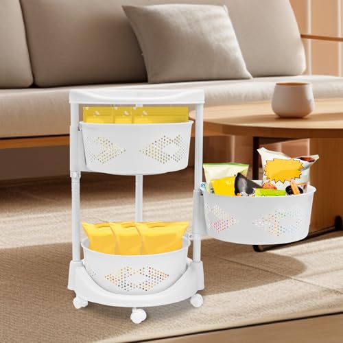 Ringmaster 3 Tier Rotating Storage Rack Multi-Layer Storage Shelves Organizer,Floor Standing Kitchen Storage Cart with Wheels,Fruit Vegetable Storage Basket Shelf for Living Room,Kitchen,Bathroom - Thumbnail 4