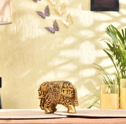 Image of Xtore Ornate Golden Elephant Figurine | Intricately Carved Traditional Sculpture | Luxury Home Accent | Cultural Decorative Statue - (Pack of 1, Gold)