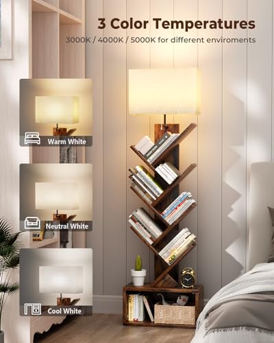 Image of Evermagin 6 Tier Tree Bookshelf with Smart Light, Small Bookcase Tower with Remote Control, Tall Floor Standing Book Organizer for Living Room, Bedroom & Home Office, Rustic Brown