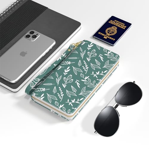 Image of Nipichsha Womens Wallet, RFID Wristlet Wallet for Women, Cute Ladies Purse, Large Card Clutch Purse with Phone Holder, Morandi Green Leaf