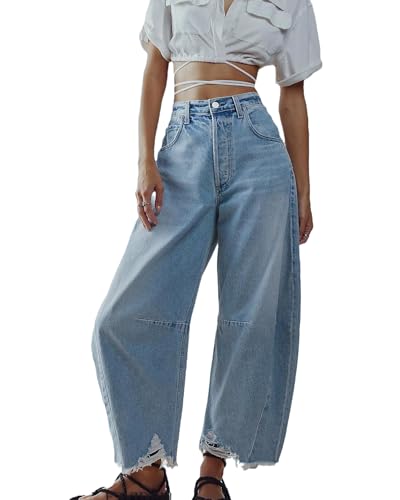 LifeShe Women's Baggy Wide Leg Barrel Jeans Casual Loose Boyfriend Raw Hem Denim Pants Light Blue