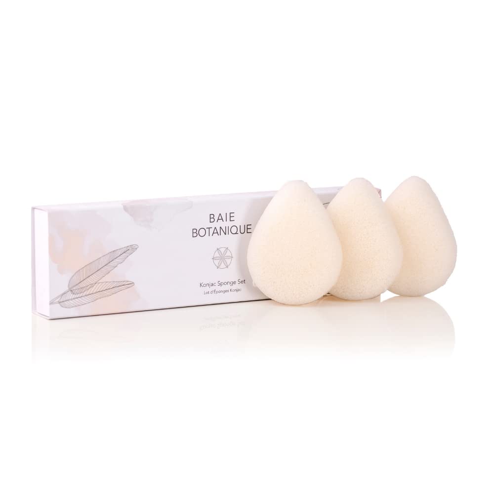 Baie Botanique Esponja de Konjac en forma de lágrima - Esponja ecológica y suave para la limpieza y exfoliación facial 100% natural, Juego de 3