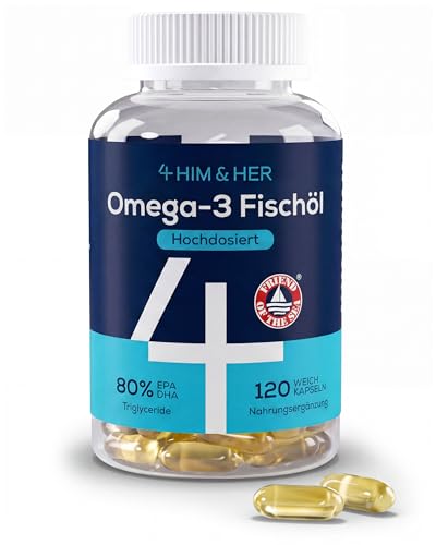 Omega 3 Kapseln Hochdosiert Fischöl 1334mg (2 Monate) – Ohne Fischgeschmack – Leicht zu Schlucken – 668mg EPA, 500mg DHA – Omega-3 Konzentrat – Triglycerid rTG – Fish Oil – 120 Softgels – 4 HIM & HER