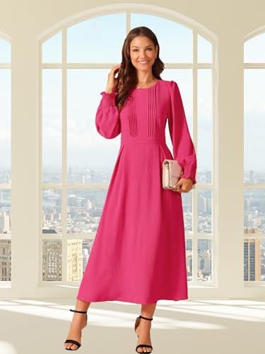 Image of Seta T Women's Fall Dress Frilled Long Sleeve A-Line Casual Midi Dresses