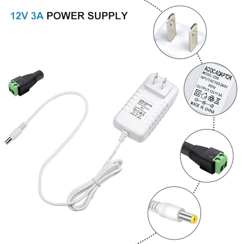 Image of 12V Power Supply, 12 Volt 3A 36W DC Power Supply, White LED Power Adapter, AC 110V to 12V Wall Mounted Transformer Plug for LED Strip Lights with 5.5 /2.1 DC Female Connector, 3 Pack