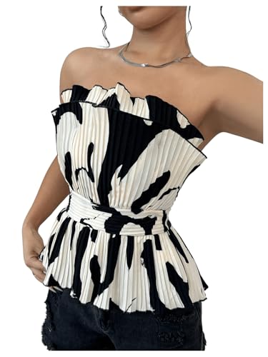 SweatyRocks Women's Ruffle Sleeveless Blouse Color Block Tube Tops Strapless Pleated Tops