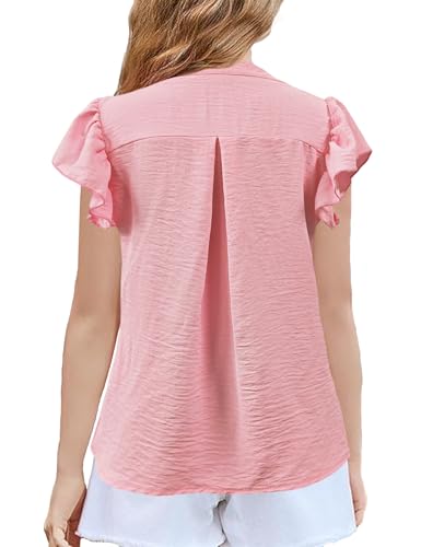 Image of Floral Find Girls Casual Ruffle Short Sleeve V Neck Textured Shirts Summer Dressy Tunic Top Blouses