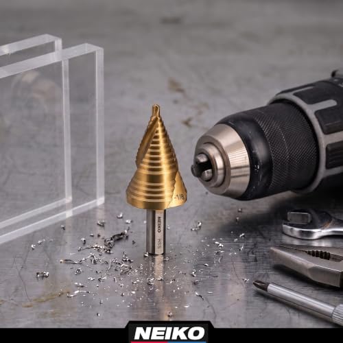 Image of NEIKO 10627A Step Drill Bit, 2 Steps 7 /8 inch to 1-1 /8 inch Spiral High Speed Steel, Titanium Nitride Coated, 3 /8 inch Tri-Flat Step Bits for Steel, Metal, Wood, Plastic, Unibit Cone Drill Bits, Two Flute