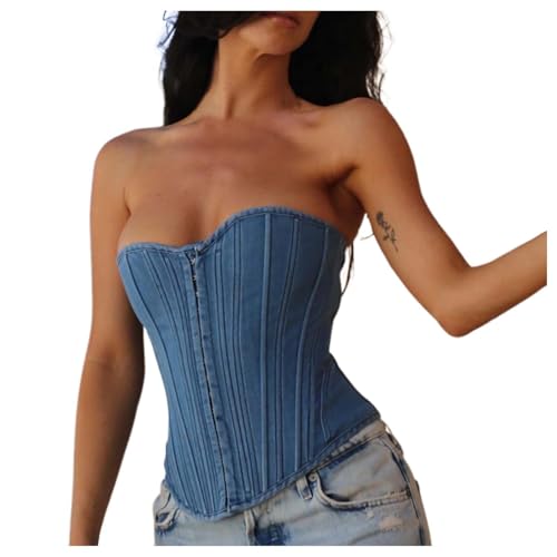 Women's Denim Corset Top Strapless Push Up Lace-Up Back Waist Cincher Casual Fashionable Tube Top