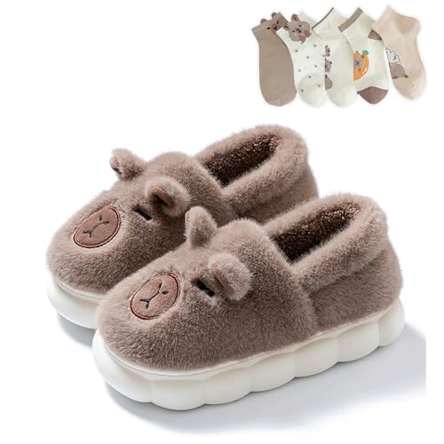 Capybara Slippers for Women With 5 Pcs Cute Socks Plush Kawaii Cartoon Slide Sandals Indoor Outdoor Cozy House Shoes