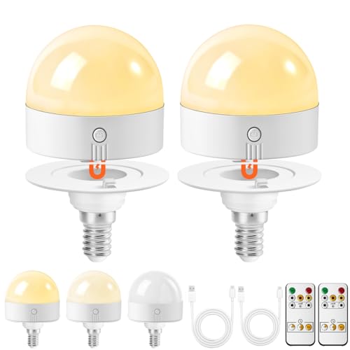 GlintBay E14 USB Rechargeable Light Bulb with Timer and Remote Dimmable Battery LED Light Bulbs with Magnetic Base Detachable LED Light Bulb with 3 Color Temperatures-Pack of 2