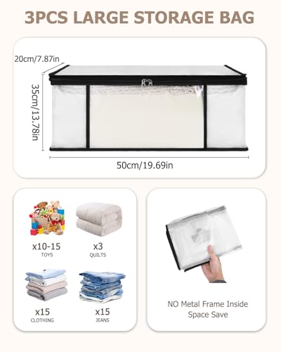 Cexovo 3 Stück Aufbewahrungstaschen Transparent 35L,Aufbewahrungsbox mit Deckel,Große Kleideraufbewahrung Umzugskartons,Faltbare Aufbewahrung Boxen mit Reißverschlüssen Griff für Kleidung,Bettdecken
