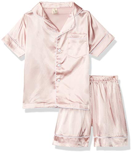 BAIYIXIN Little Girls Boys Stain Pajamas Short Set Classic Silk Pjs 2 Piece Loungewear Toddler Kids Button-Down Sleepwear Short Sleeve Rose Gold, 5-6 Years/Tag 130