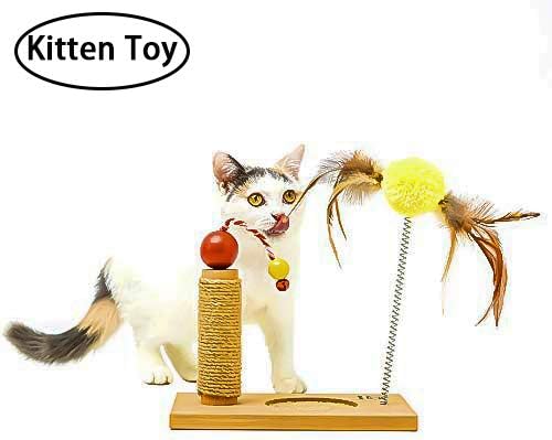 MEWANG Cat Scratching Post Kitten Interactive Toys Sisal Scratch Pole 2 in 1 Scratcher Cat Furniture with Feather Teaser Cat Toy and Scratch Pad 10.2 inches Height