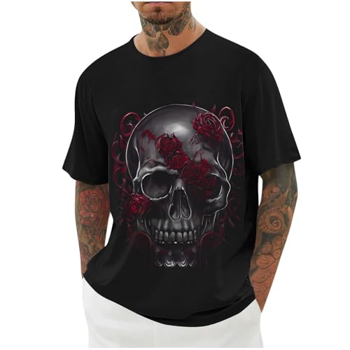 Générique Oversize Tee Shirt Homme Tête De Mort T-Shirts à Manches Courtes Teeshirt Imprimé Tshirt Col Rond Grande Taille Vetement Fin Cut Ete Habit Crâne 4XL