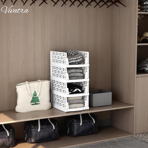 Image of Foldable Drawer Organizer with Stackable Storage Boxes for Wardrobe & Cupboard | Multipurpose Space Saving Storage Bins for Clothes, Toys, Books & Daily Essentials, White (Pack of 6)