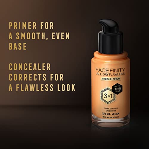 Max Factor Fondotinta Facefinity All Day Flawless – Correttore, Fondotinta Liquido E Primer Viso 3-In-1, Formula Vegan, Copertura Modulabile, Tenuta Fino A 30 Ore, SPF20 – W78 Warm Honey, 30 Ml - 8