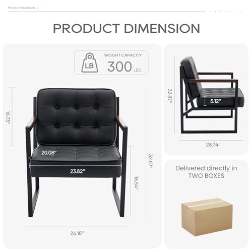 COLAMY Mid Century Modern Accent Chair Set of 2, Button Tufted Leather Reading Chairs, Comfy Reception Armchair with Metal Legs for Living Room, Bedroom, Waiting Room and Office, Black by COLAMY - Used condition - Image 2