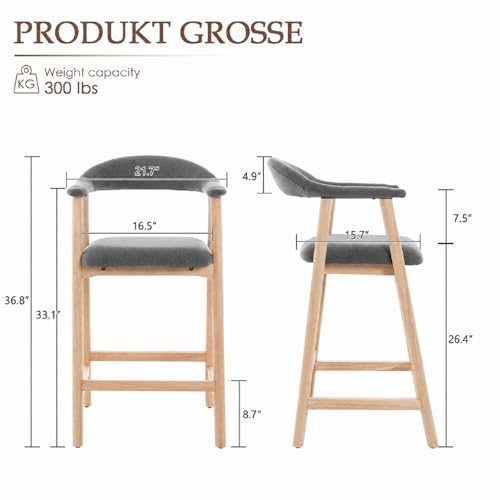 Image of 26 inch Bar Stools Set of 2, Upholstered Counter Stools, Modern Linen Counter Height Bar Chairs with Backs and Arms, Wood Legs and Footrest, for Kitchen Counter, Island, Dining Room, Grey